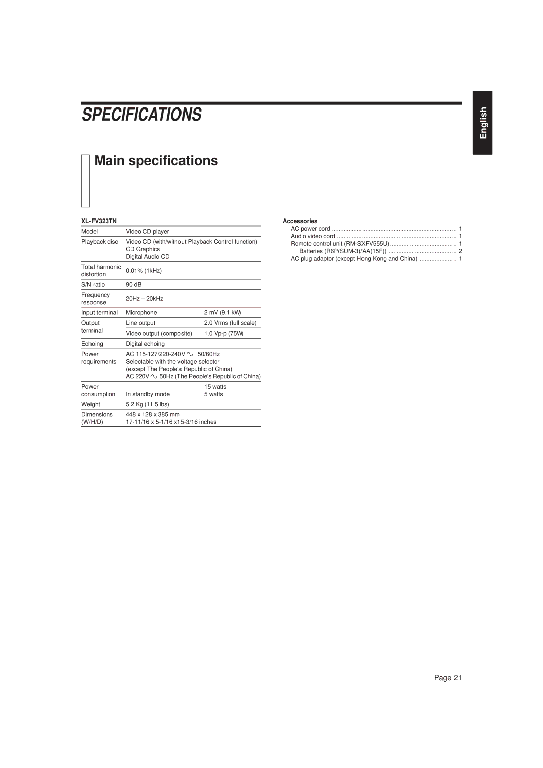 JVC XL-FV323TN manual Specifications, Main specifications 