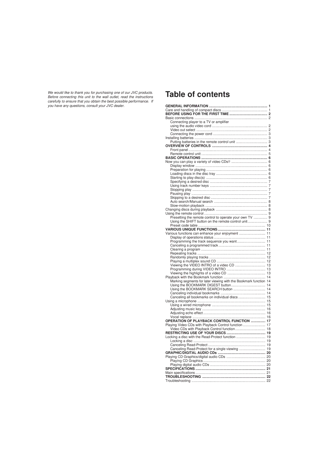 JVC XL-FV323TN manual Table of contents 