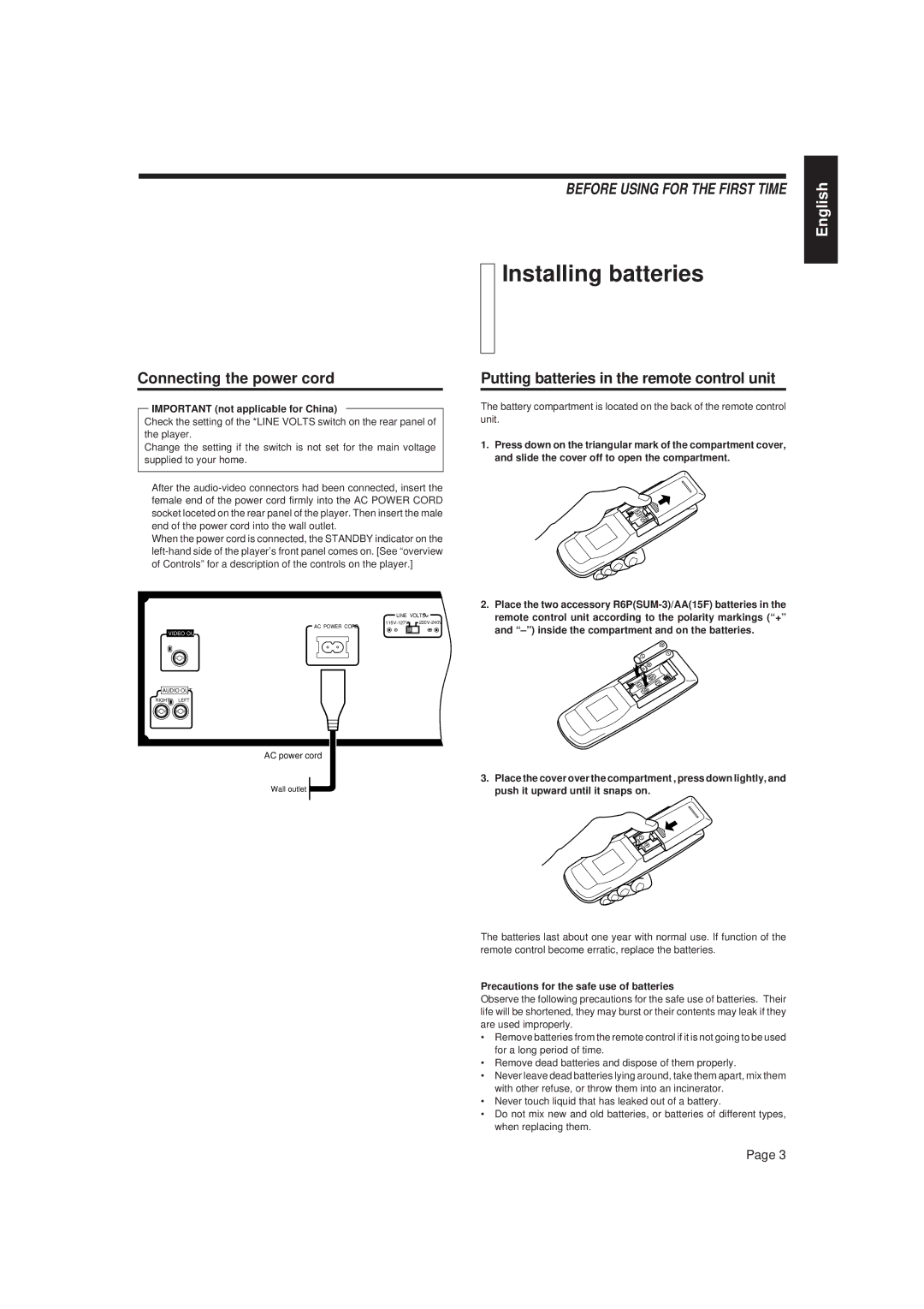 JVC XL-FV323TN manual Installing batteries, Connecting the power cord, Putting batteries in the remote control unit 