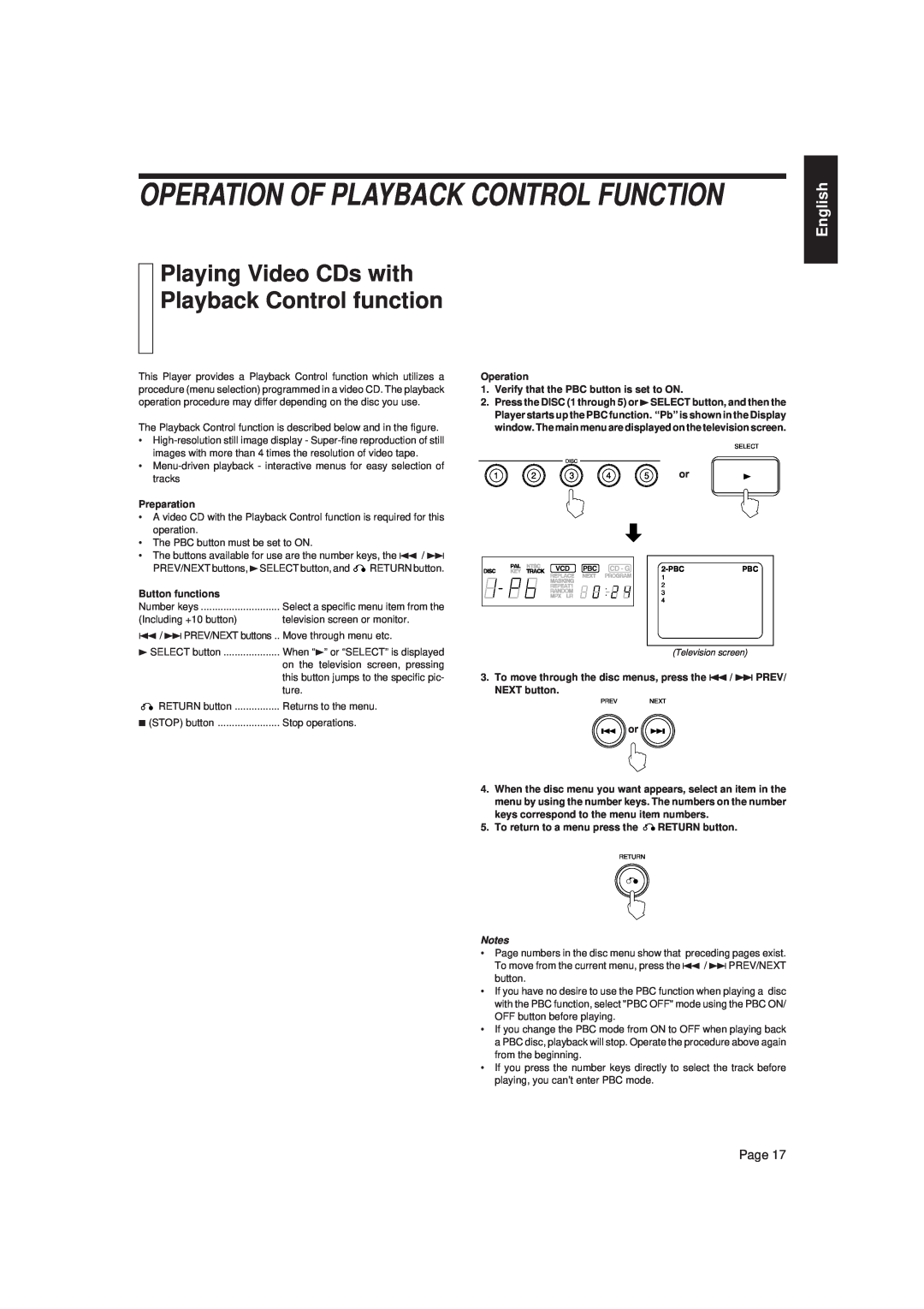 JVC XL-FV323TN Operation Of Playback Control Function, Playing Video CDs with Playback Control function, English, Page 