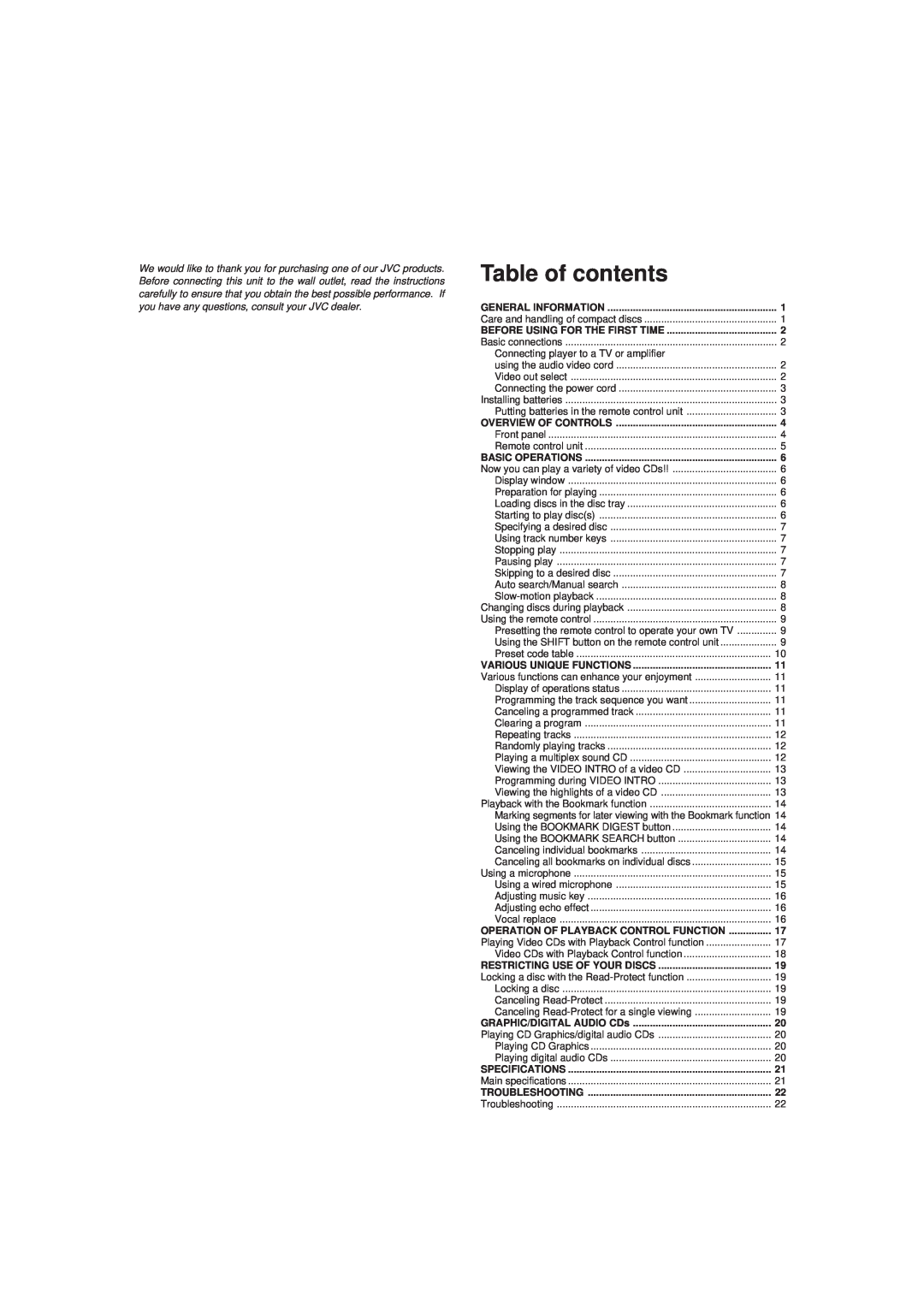 JVC XL-FV323TN Table of contents, English, Page, General Information, Before Using For The First Time, Specifications 