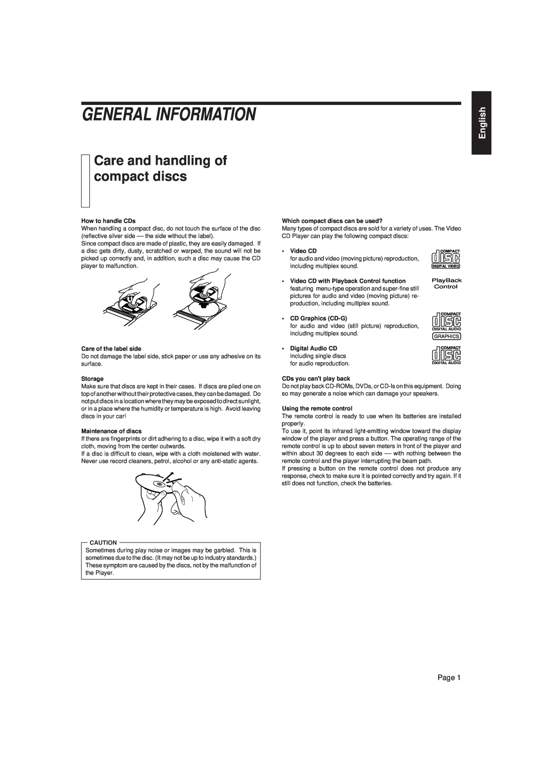 JVC XL-FV323TN manual General Information, Care and handling of compact discs, English, Page 