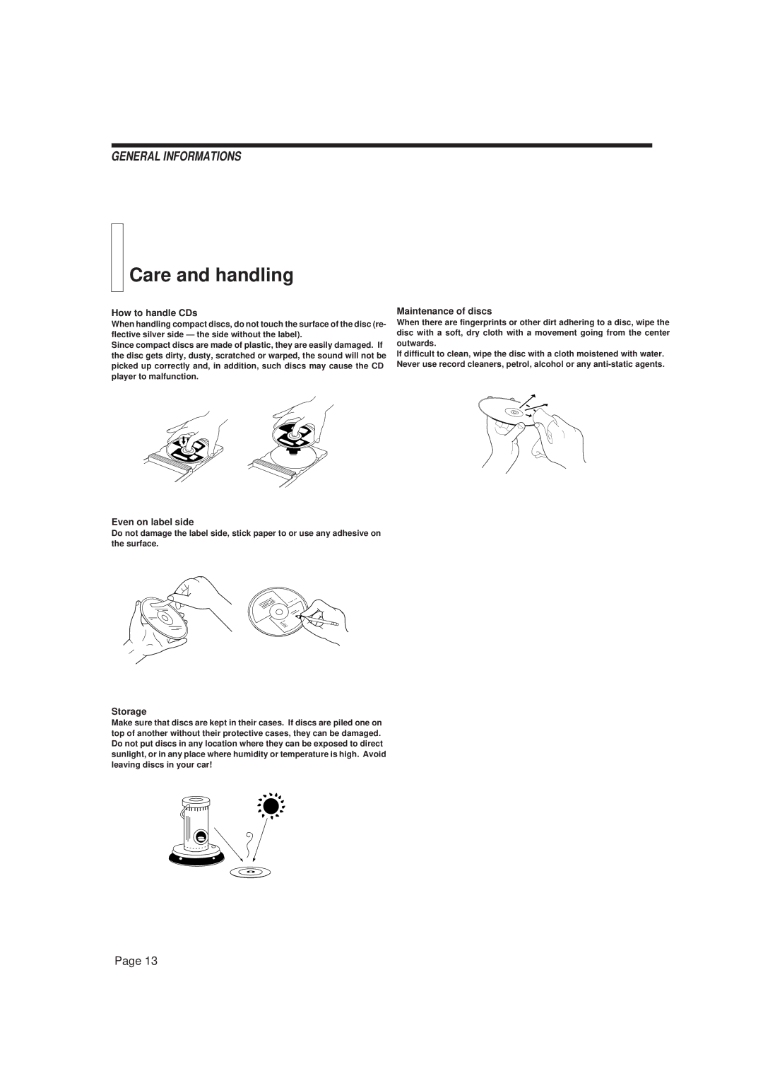 JVC XL-FX258BK, XL-FZ158BK manual Care and handling, How to handle CDs, Even on label side, Storage, Maintenance of discs 