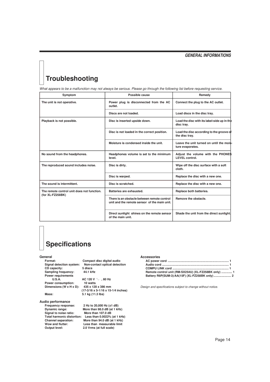 JVC XL-FZ158BK, XL-FX258BK manual Troubleshooting, Specifications, General, Accessories, Audio performance 