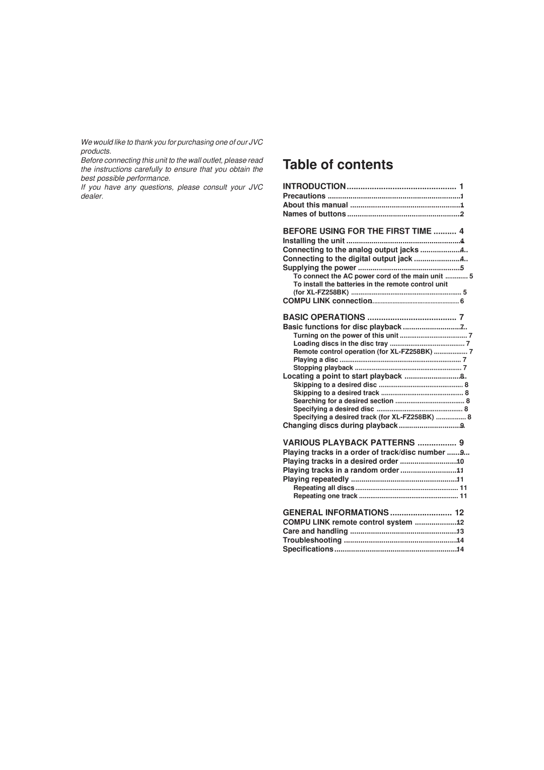 JVC XL-FX258BK, XL-FZ158BK manual Table of contents 