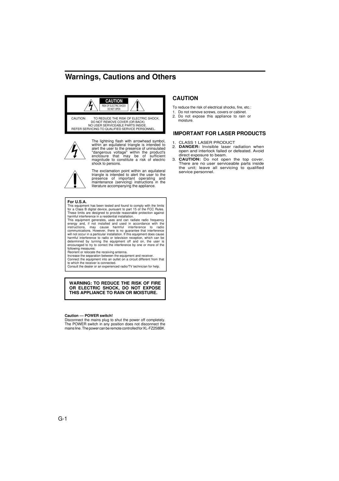 JVC XL-FZ158BK, XL-FX258BK manual Important for Laser Products, For U.S.A 