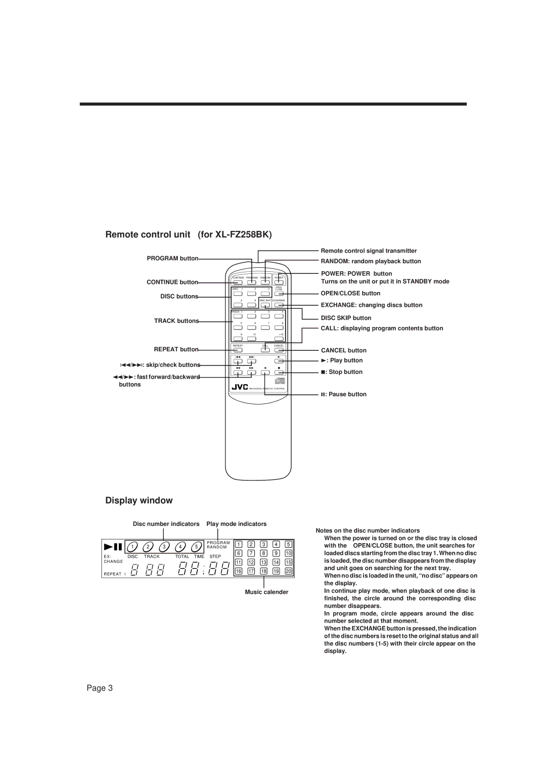 JVC XL-FX258BK, XL-FZ158BK manual Remote control unit for XL-FZ258BK, Display window 