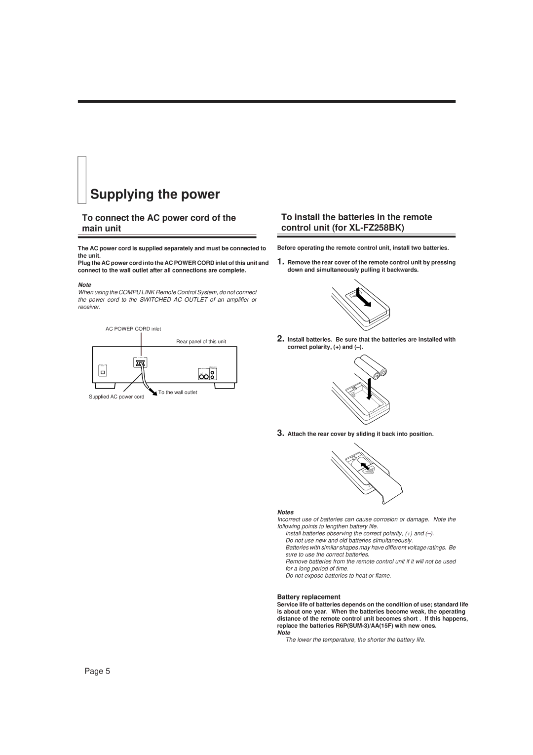 JVC XL-FX258BK, XL-FZ158BK manual Supplying the power, To connect the AC power cord of the main unit, Battery replacement 