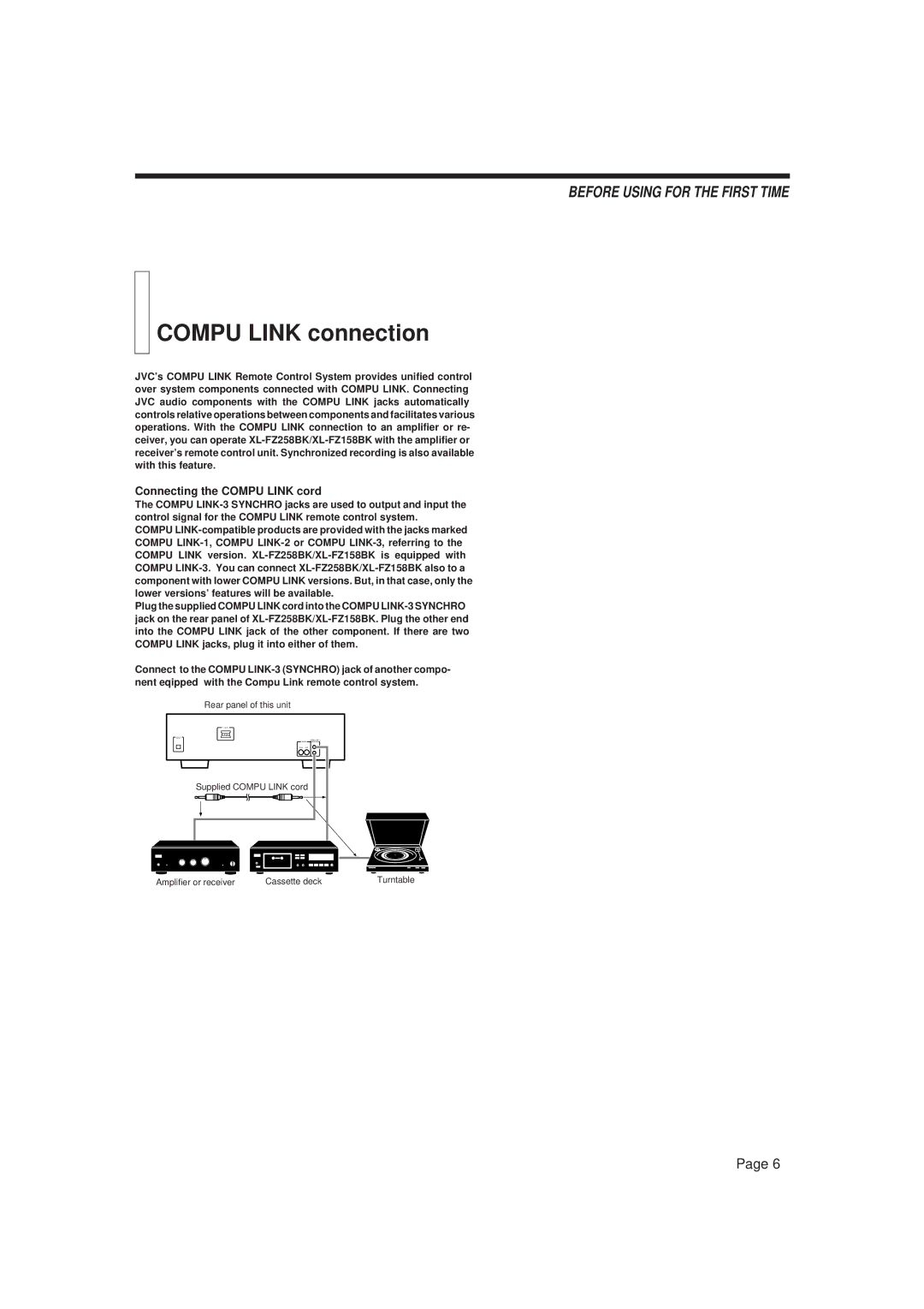 JVC XL-FZ158BK, XL-FX258BK manual Compu Link connection, Connecting the Compu Link cord 