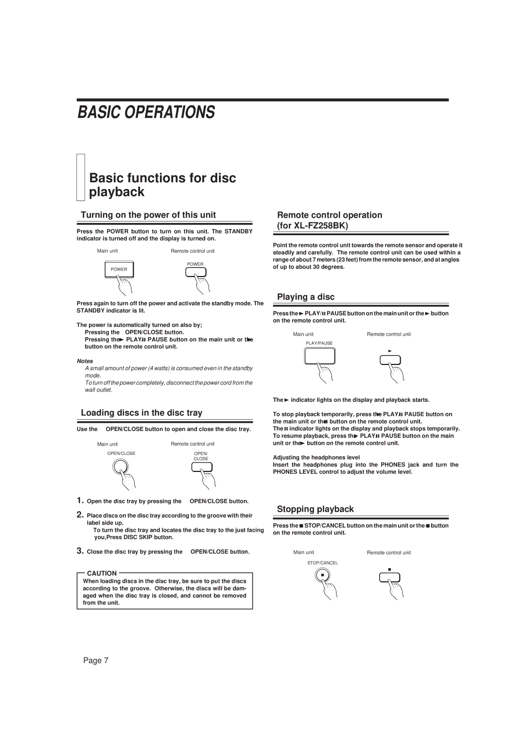 JVC XL-FX258BK, XL-FZ158BK manual Basic Operations, Basic functions for disc playback 