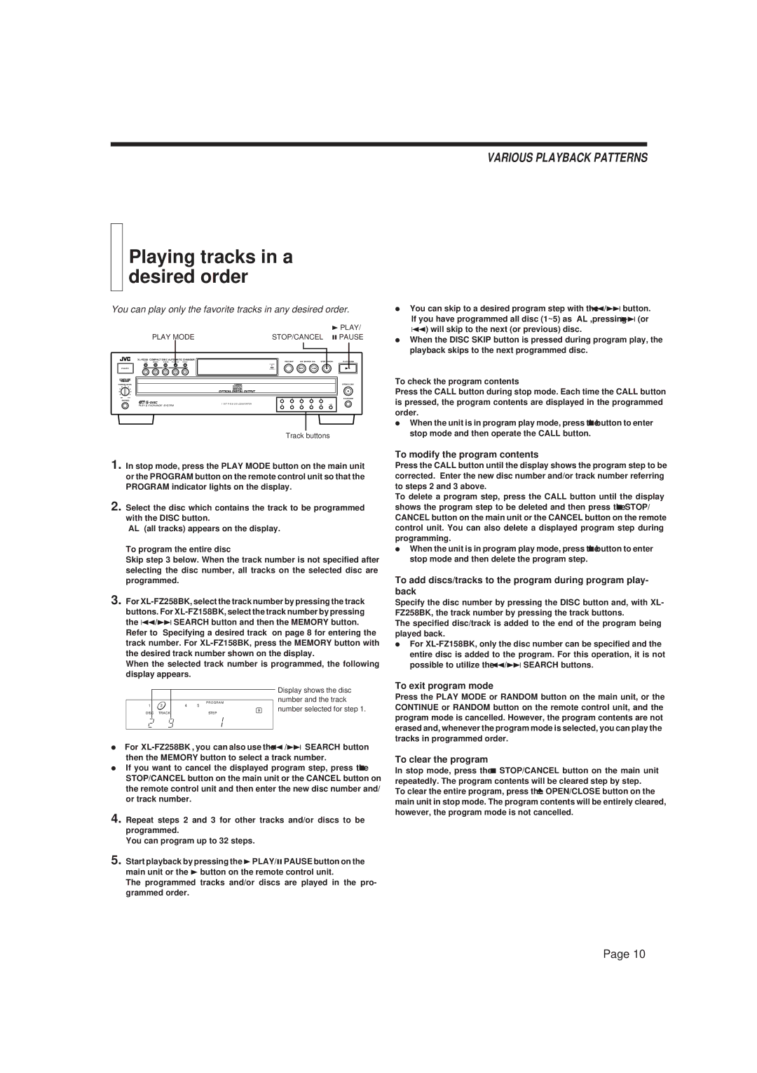 JVC XL-FZ258BK, XL-FZ158BK manual Playing tracks in a desired order, To modify the program contents, To exit program mode 
