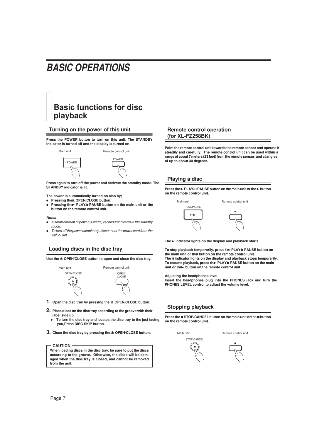 JVC XL-FZ158BK, XL-FZ258BK manual Basic Operations, Basic functions for disc playback 