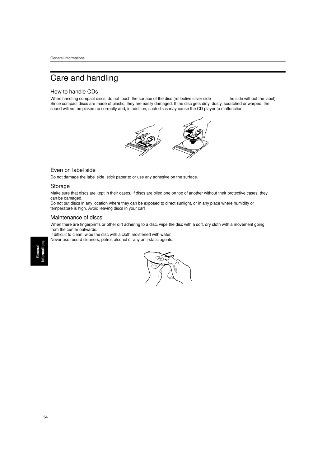 JVC XL-FZ700 manual Care and handling, How to handle CDs, Even on label side, Storage, Maintenance of discs 