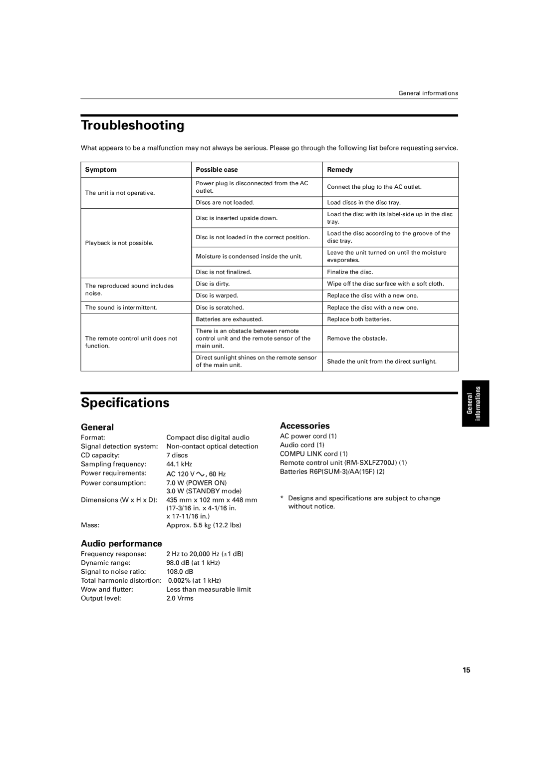 JVC XL-FZ700 manual Troubleshooting, Specifications, General, Audio performance, Accessories 