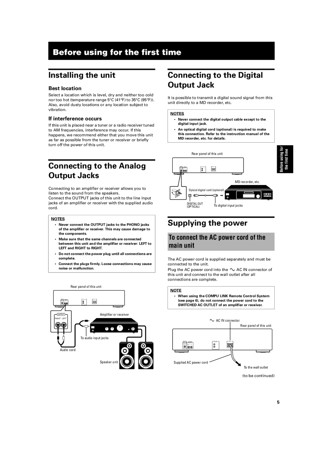 JVC XL-FZ700 manual Installing the unit, Connecting to the Analog Output Jacks, Connecting to the Digital Output Jack 