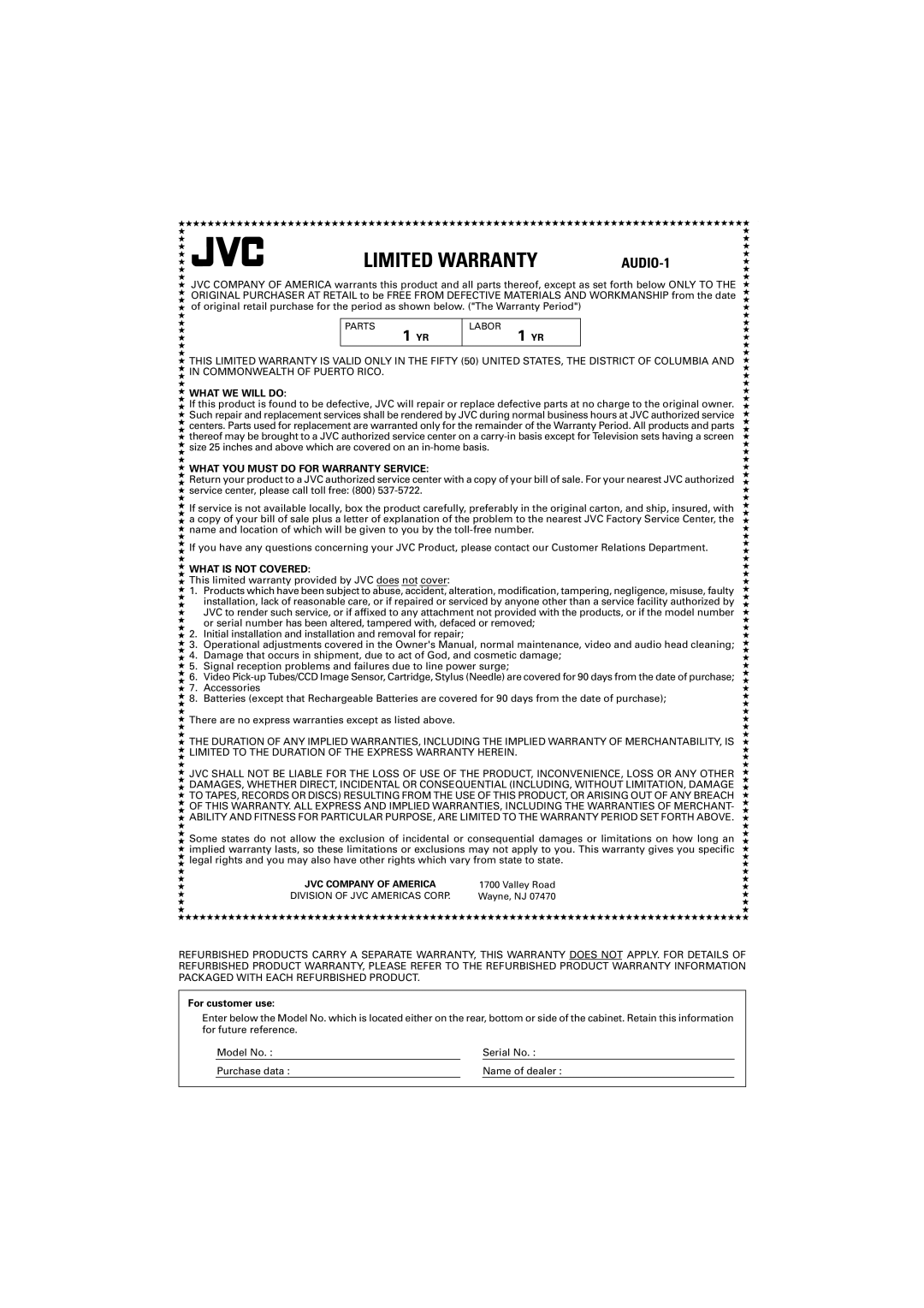 JVC XL-FZ700 manual 1 YR, Limited Warranty, AUDIO-1 