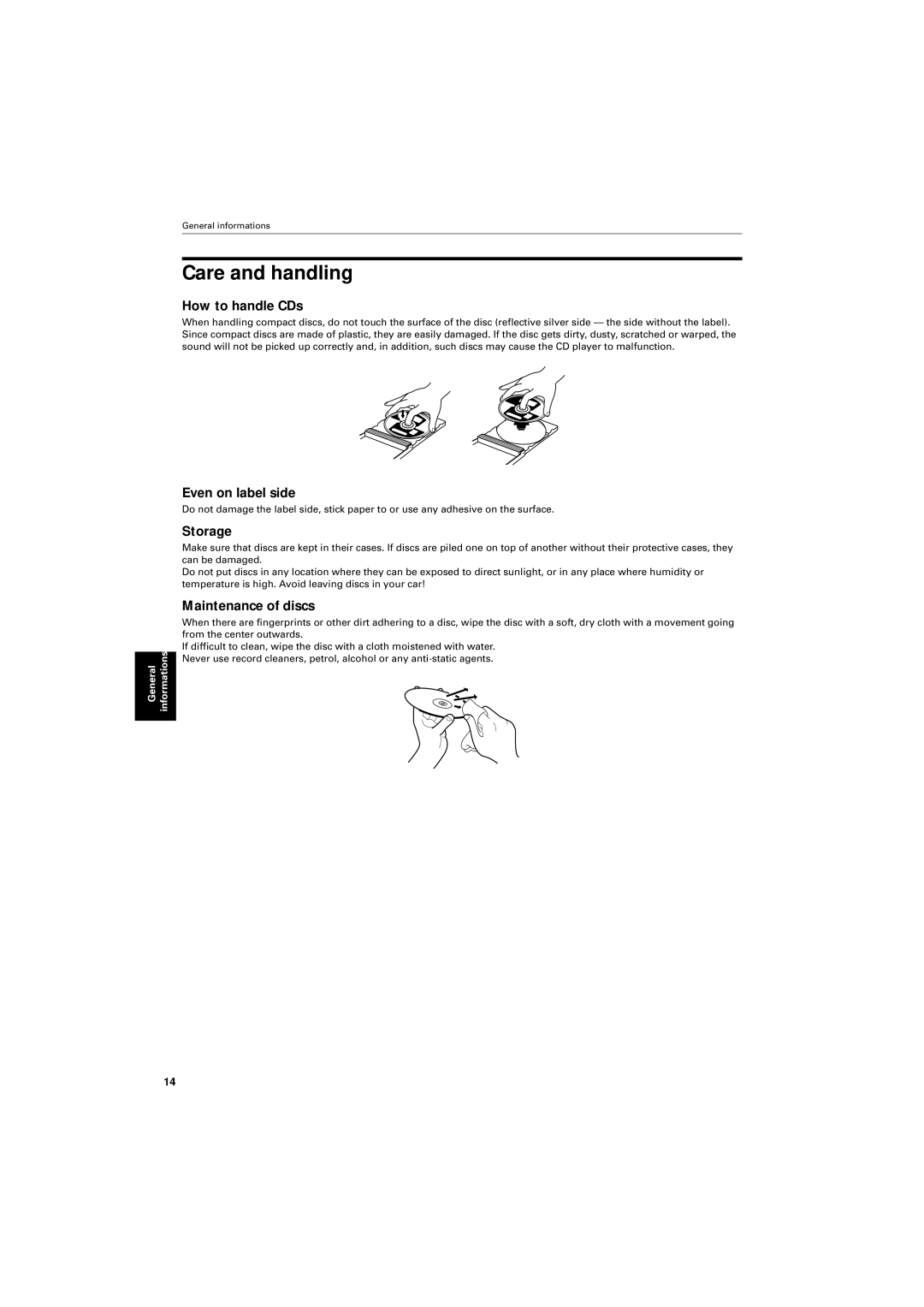 JVC XL-FZ700BK manual Care and handling, How to handle CDs, Even on label side, Storage, Maintenance of discs 