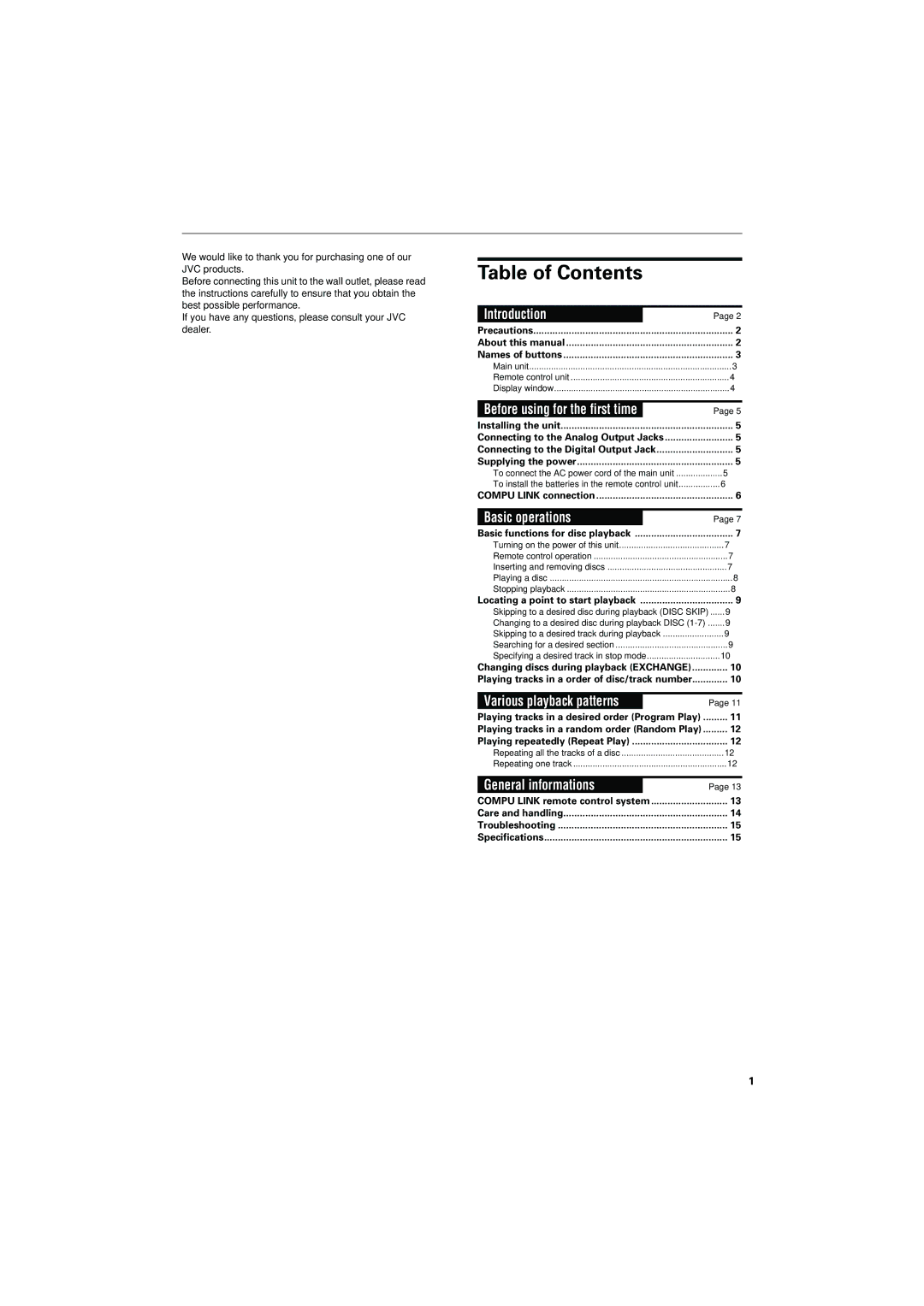 JVC XL-FZ700BK manual Table of Contents 