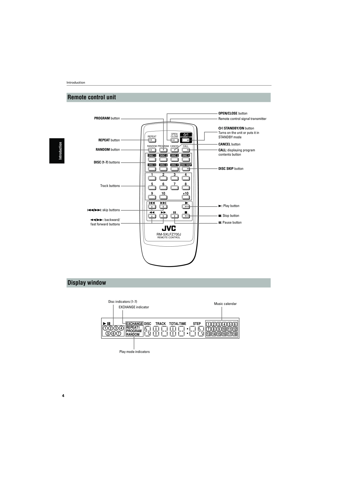 JVC XL-FZ700BK Remote control unit, Display window, Introduction, PROGRAM button REPEAT button RANDOM button, REPEAT1 