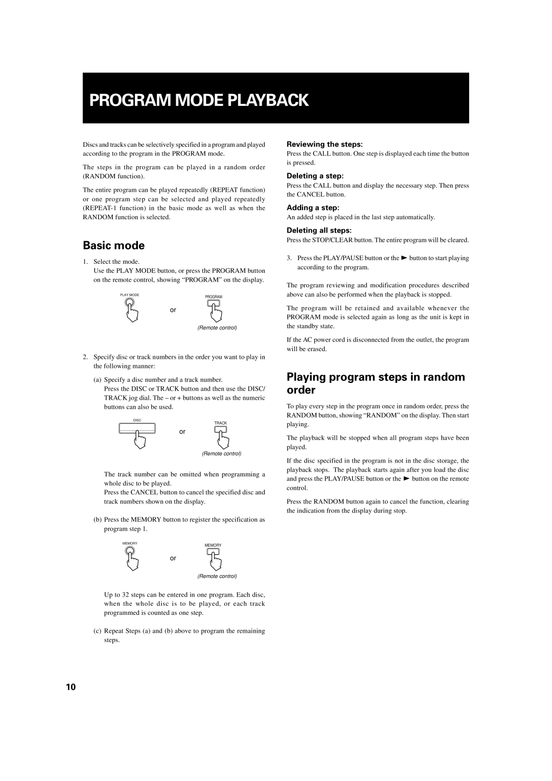 JVC XL-MC222BK manual Program Mode Playback, Playing program steps in random order 