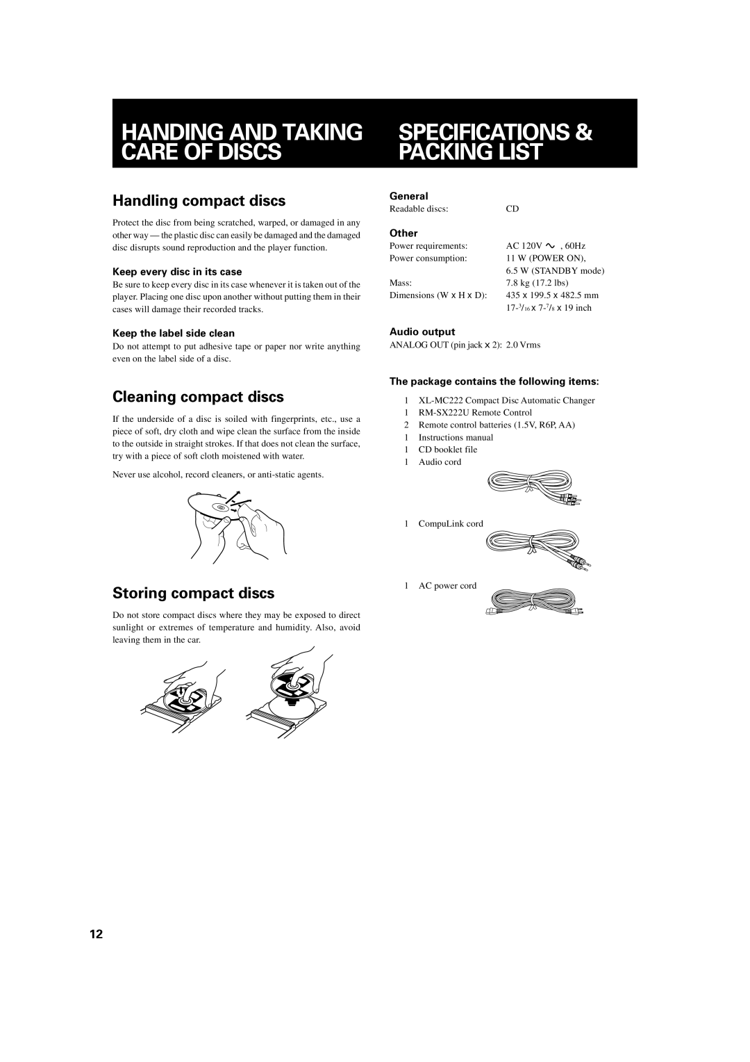 JVC XL-MC222BK manual Specifications & Packing List, Handling compact discs, Cleaning compact discs, Storing compact discs 