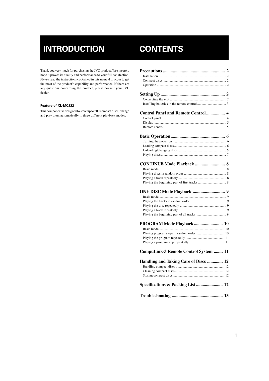 JVC XL-MC222BK manual Introduction Contents 