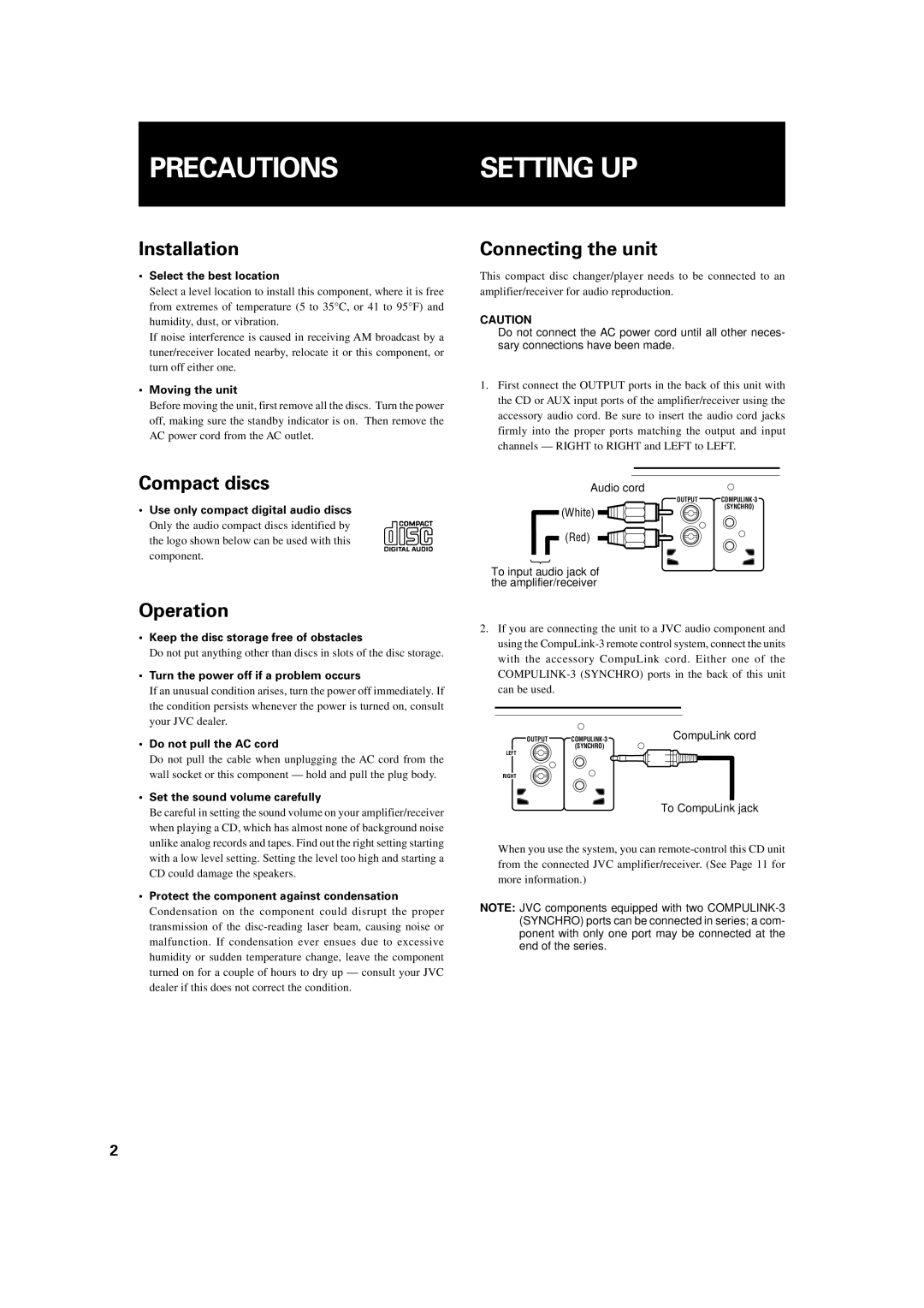 JVC XL-MC222BK manual Precautions, Setting UP 