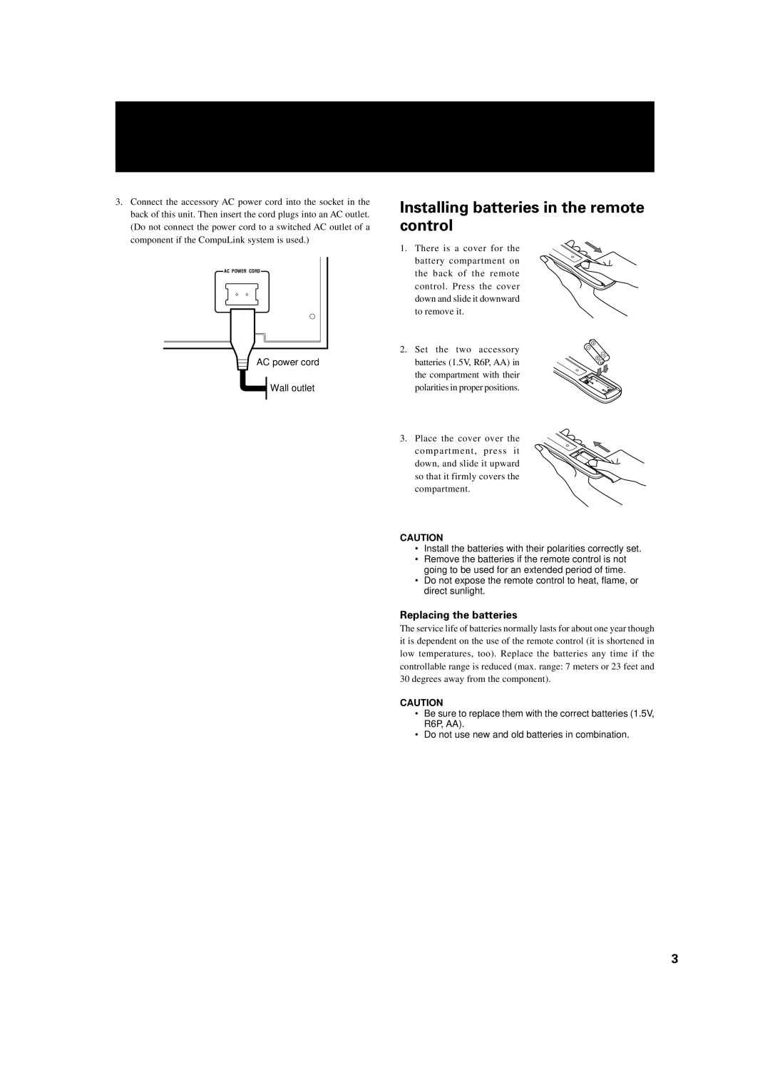 JVC XL-MC222BK manual Installing batteries in the remote control, Replacing the batteries 