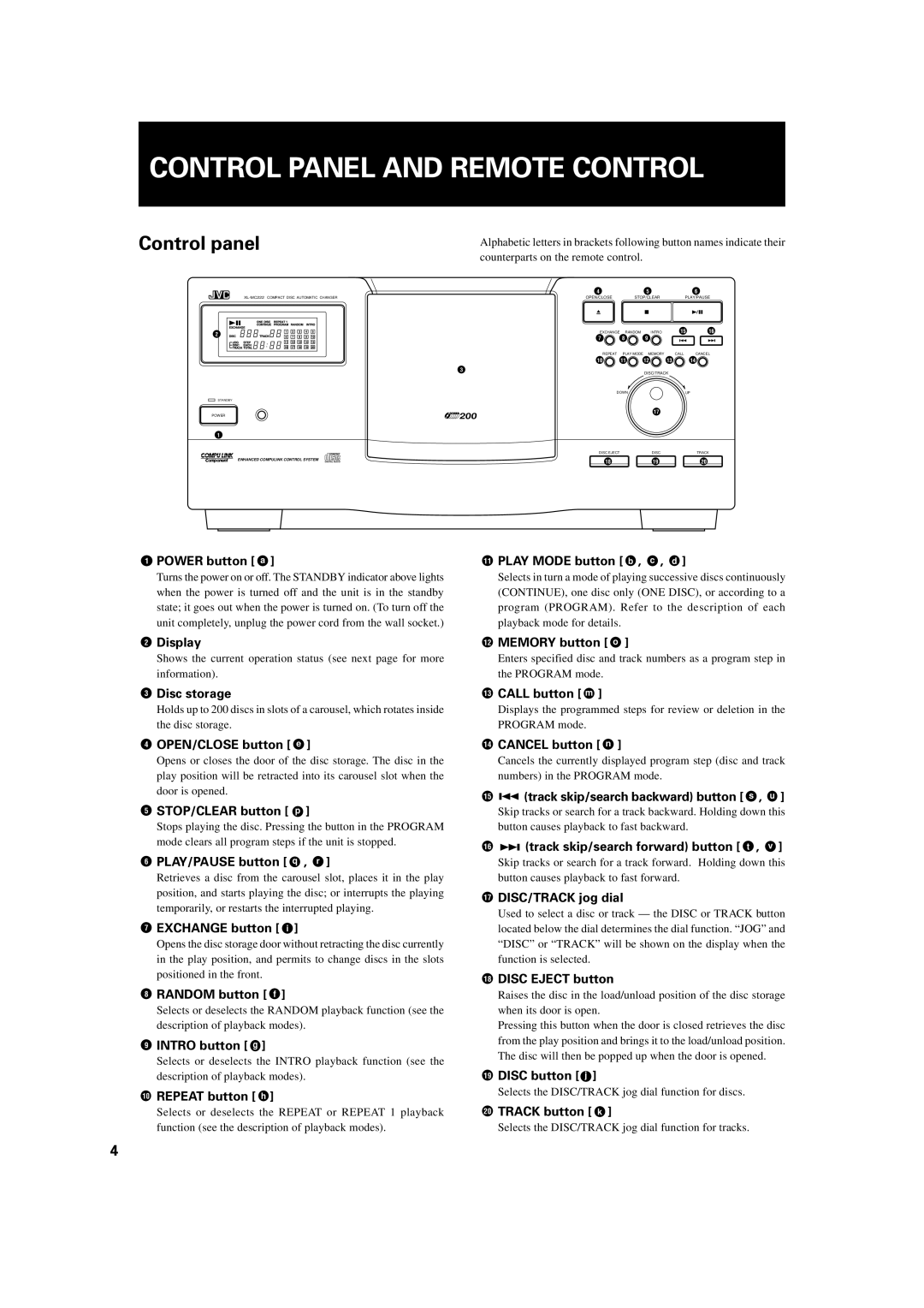 JVC XL-MC222BK manual Control Panel and Remote Control, Control panel 