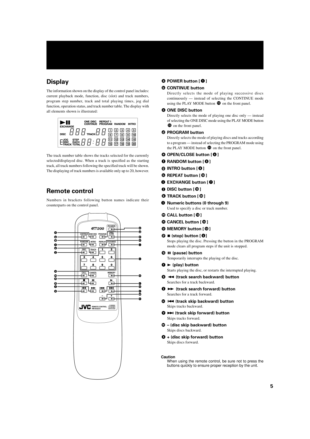 JVC XL-MC222BK manual Display, Remote control 