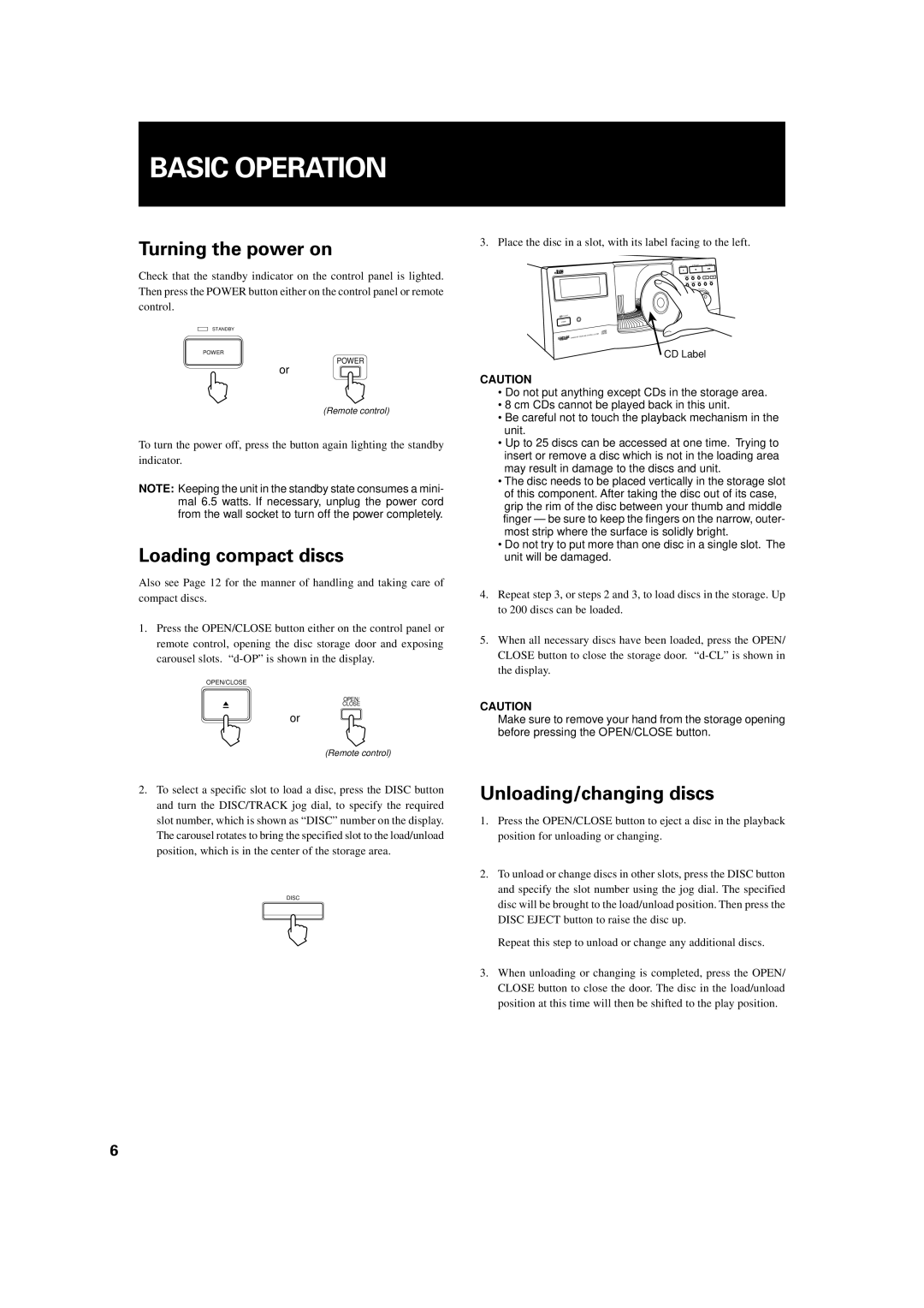 JVC XL-MC222BK manual Basic Operation, Turning the power on, Loading compact discs, Unloading/changing discs 