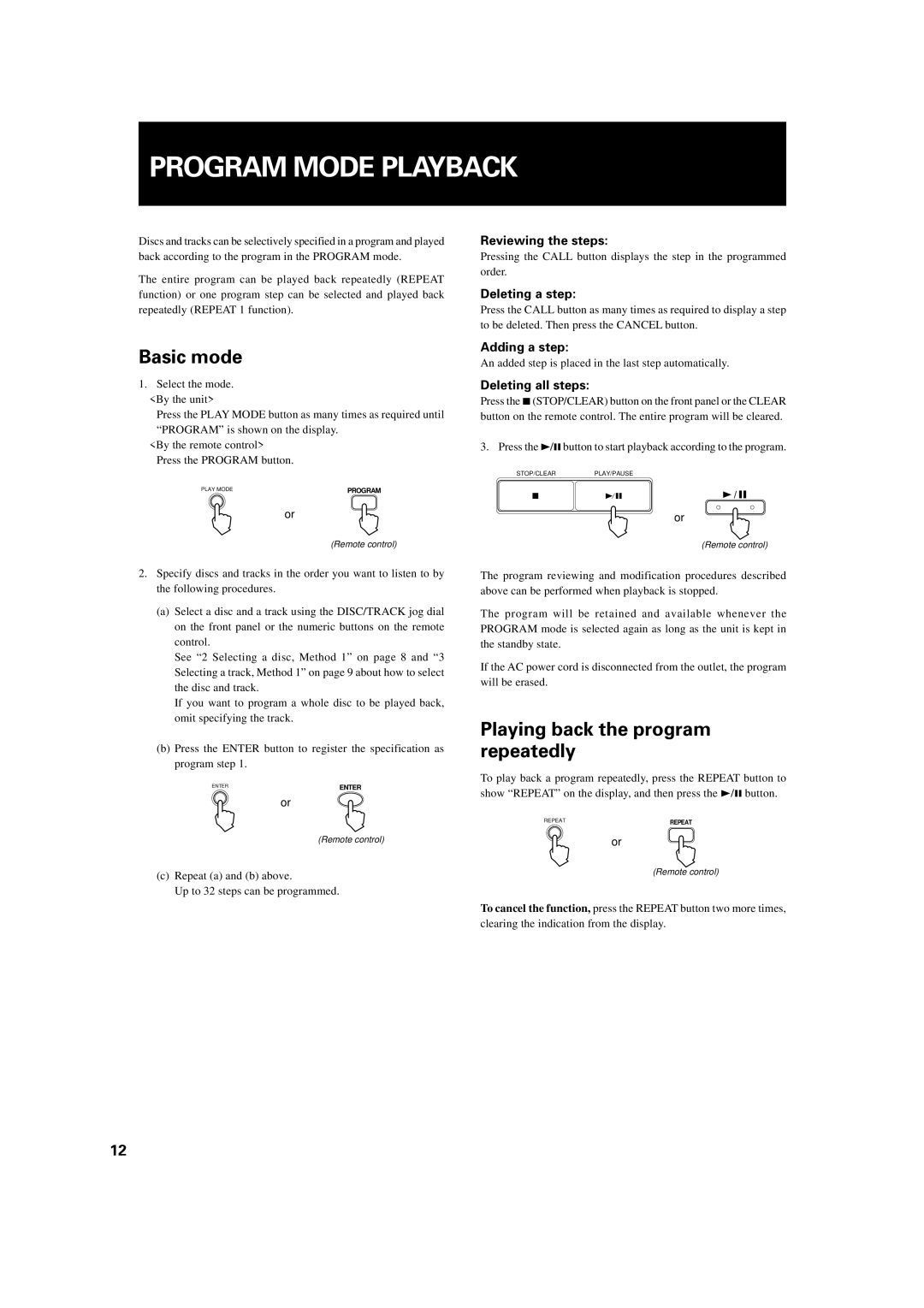 JVC XL-MC334BK manual Program Mode Playback, Playing back the program repeatedly 