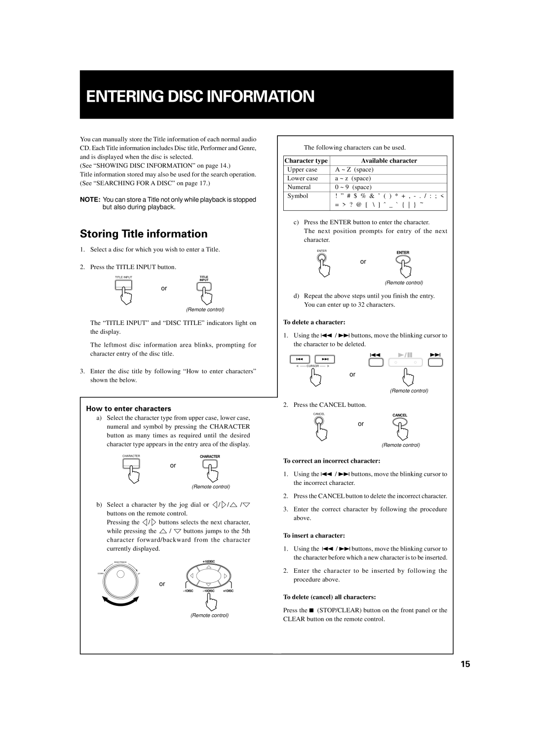 JVC XL-MC334BK manual Entering Disc Information, Storing Title information, How to enter characters 