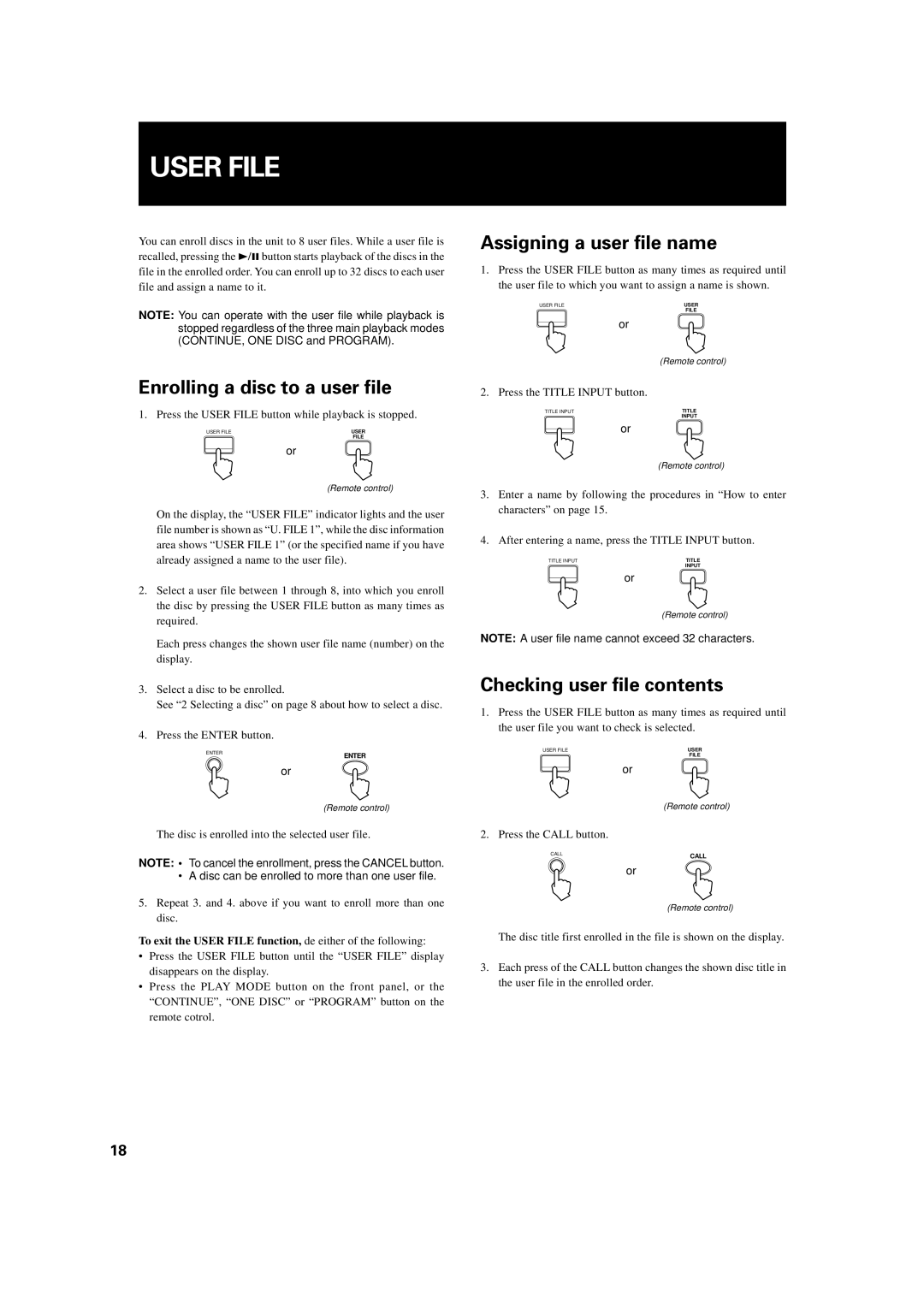 JVC XL-MC334BK manual User File, Enrolling a disc to a user file, Assigning a user file name, Checking user file contents 