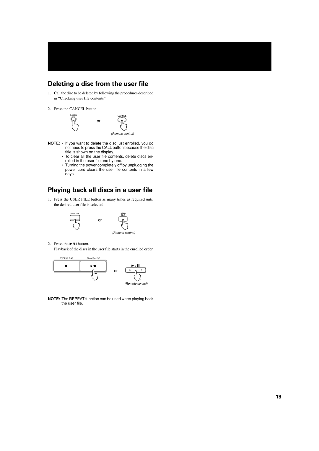 JVC XL-MC334BK manual Deleting a disc from the user file, Playing back all discs in a user file 