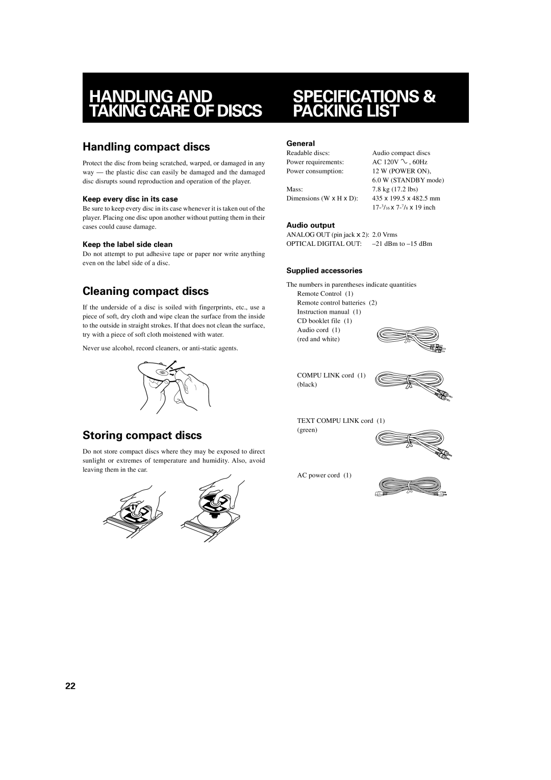 JVC XL-MC334BK manual Specifications & Packing List, Handling compact discs, Cleaning compact discs, Storing compact discs 