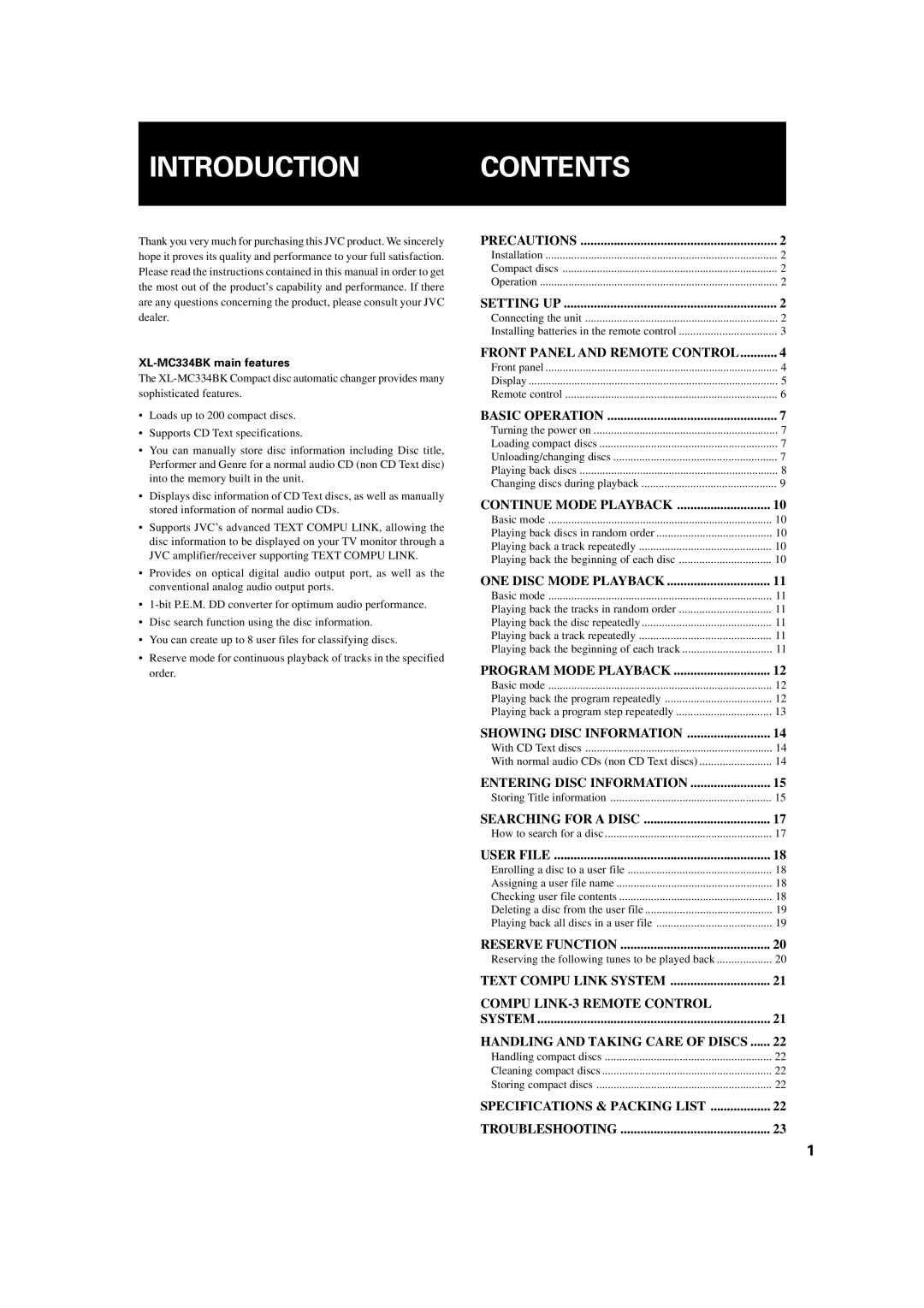 JVC XL-MC334BK manual Introduction, Contents 