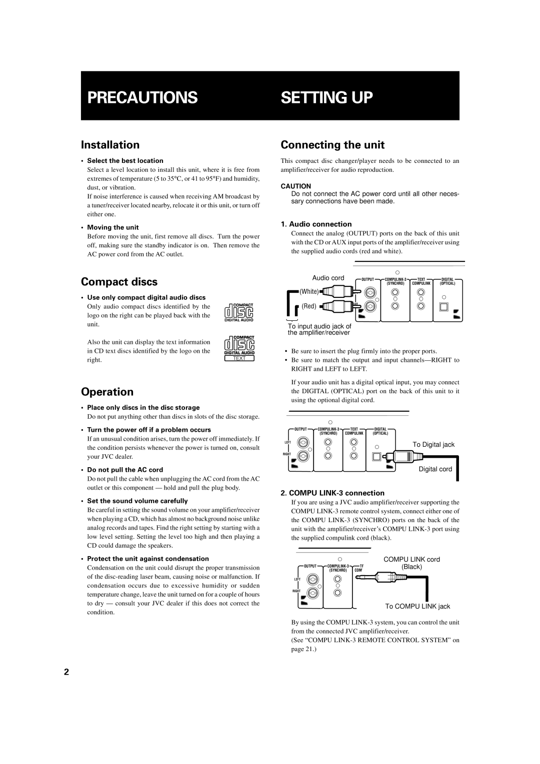 JVC XL-MC334BK manual Precautions, Setting UP 