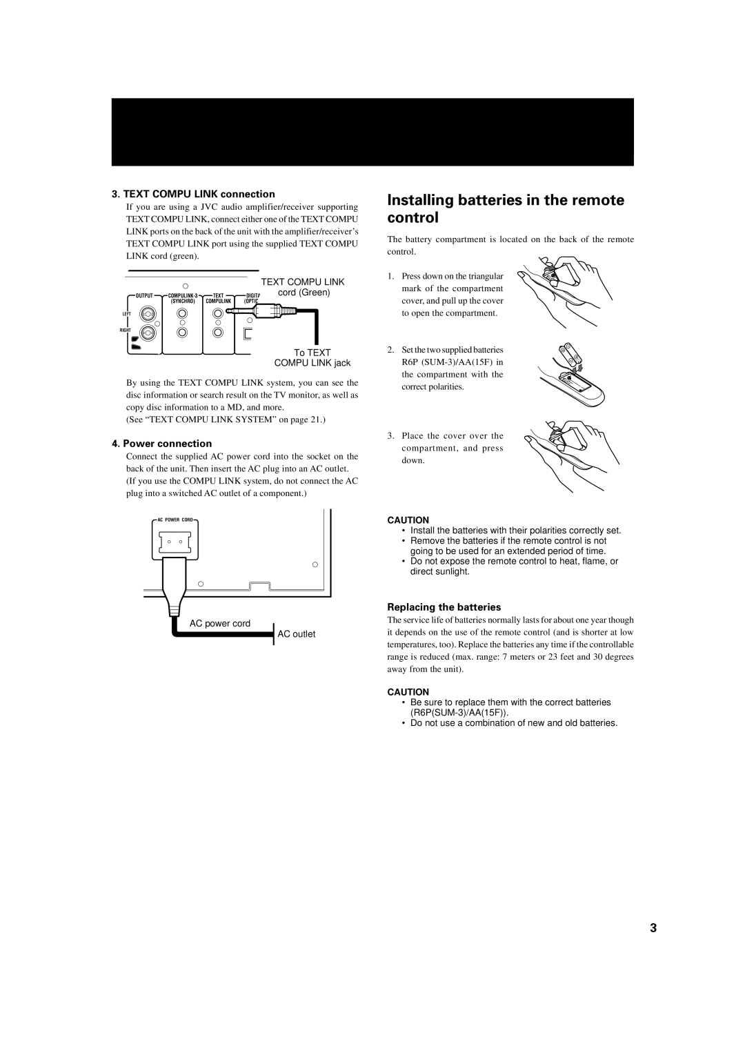 JVC XL-MC334BK manual Installing batteries in the remote control, Text Compu Link connection, Power connection 