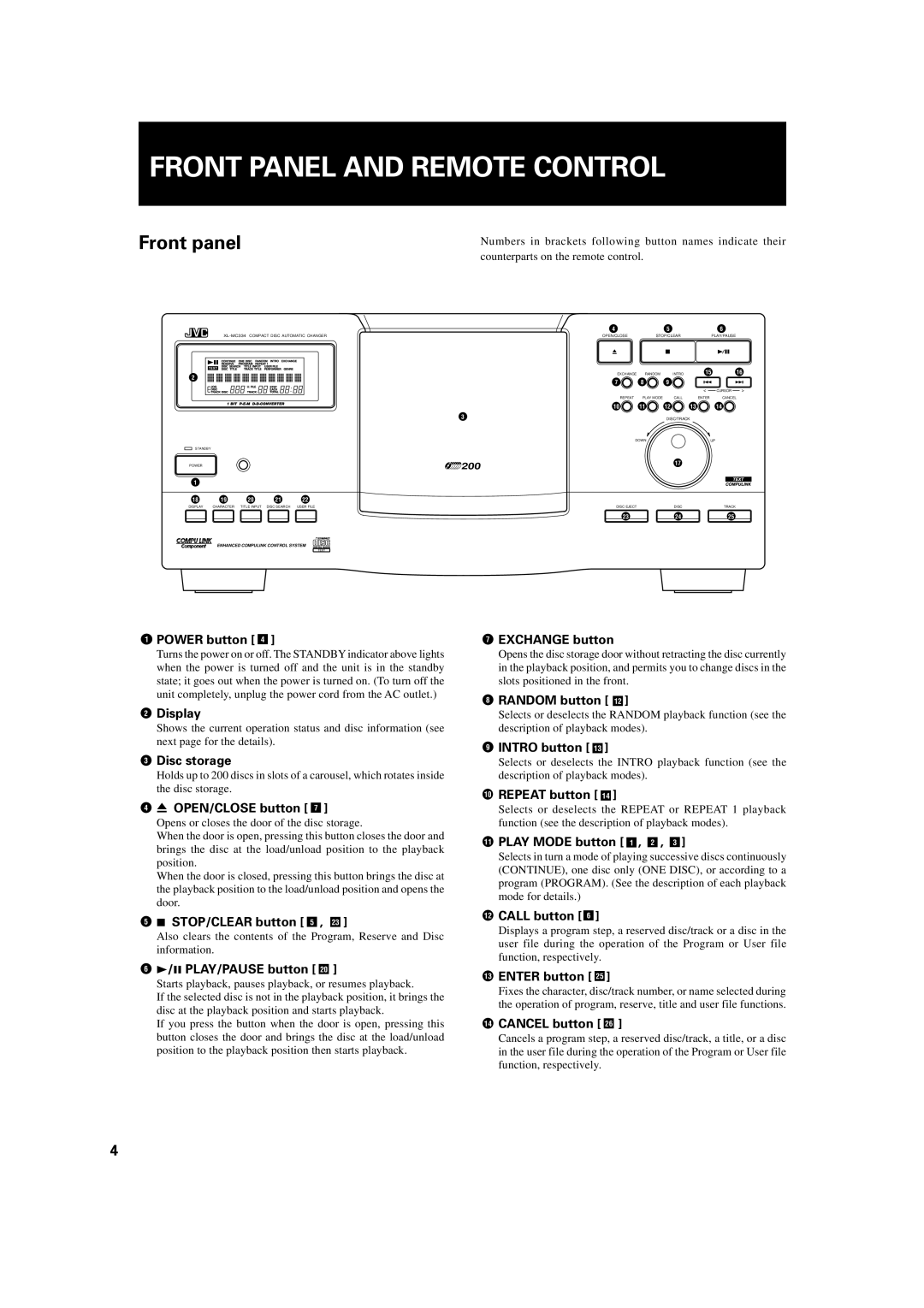 JVC XL-MC334BK manual Front Panel and Remote Control, Front panel 