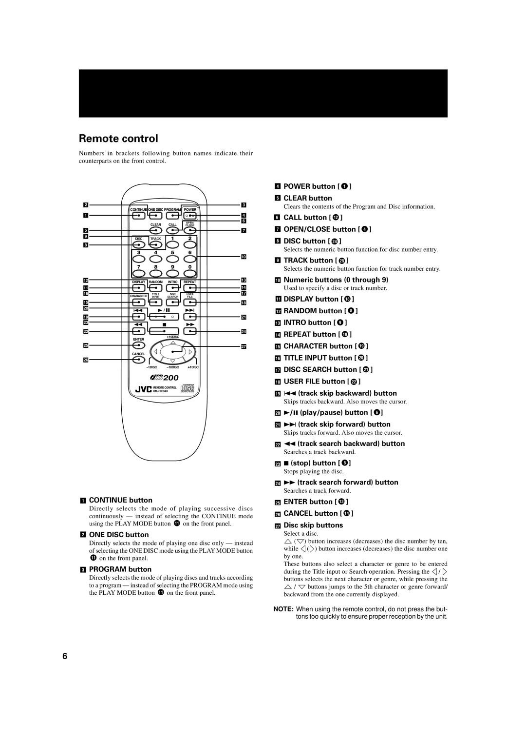 JVC XL-MC334BK manual Remote control 