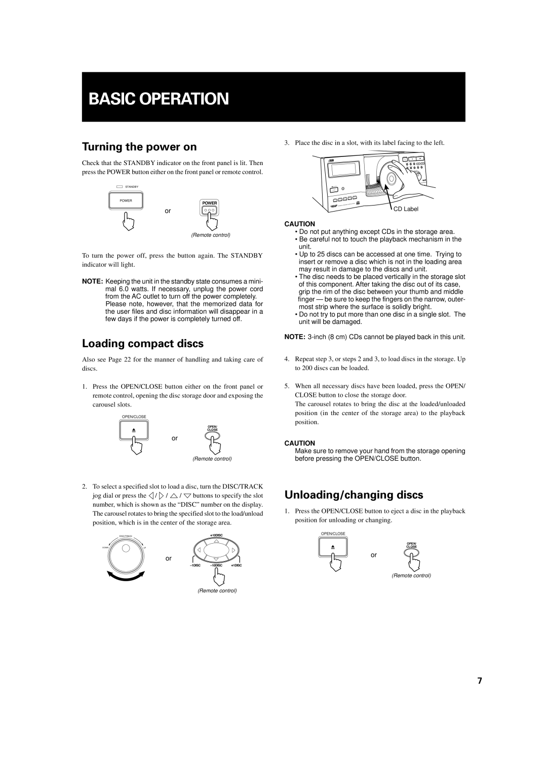 JVC XL-MC334BK manual Basic Operation, Turning the power on, Loading compact discs, Unloading/changing discs 