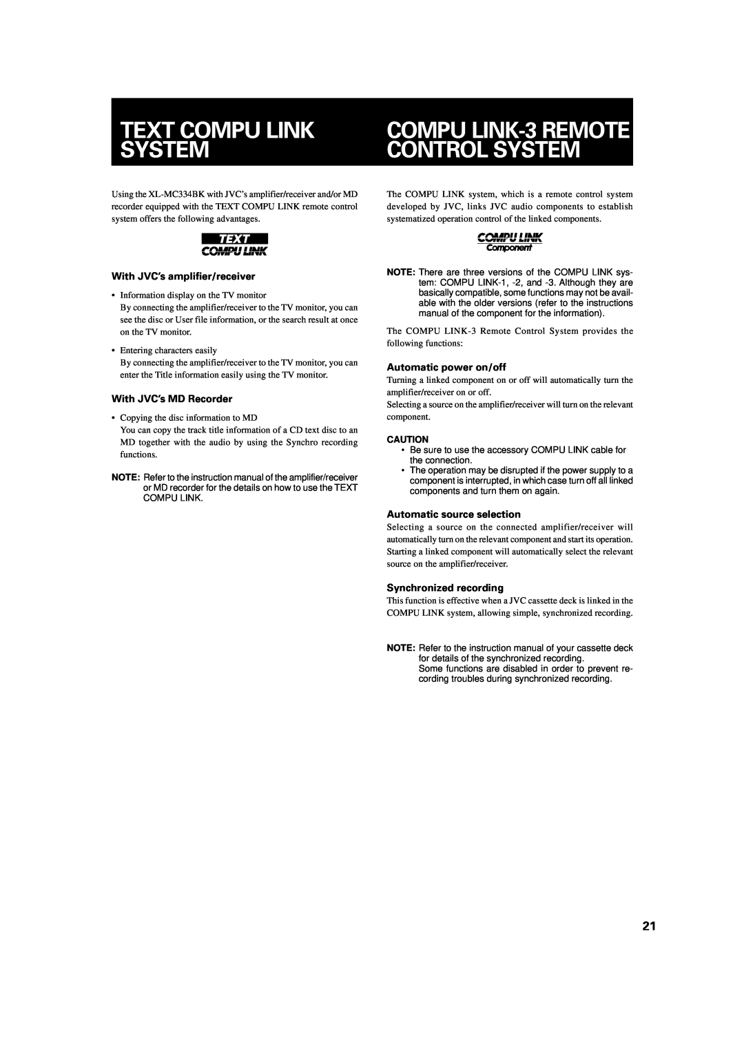 JVC XL-MC334BK manual Text Compu Link, Control System, COMPU LINK-3REMOTE 