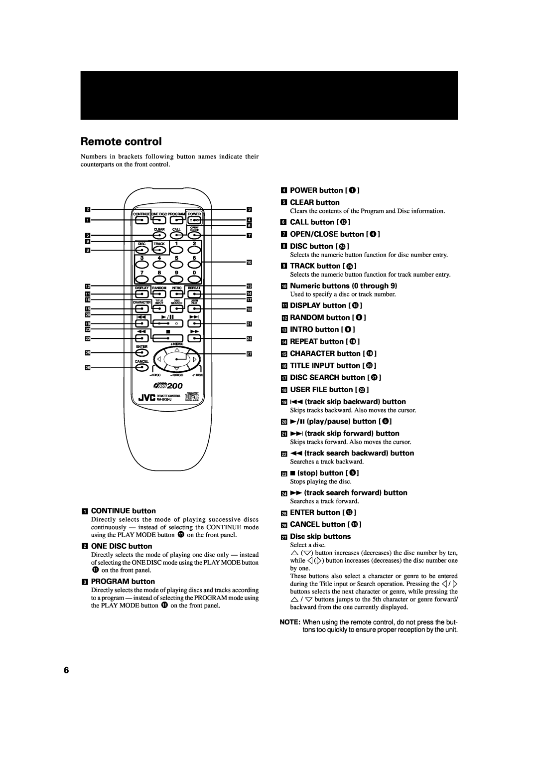 JVC XL-MC334BK manual Remote control 