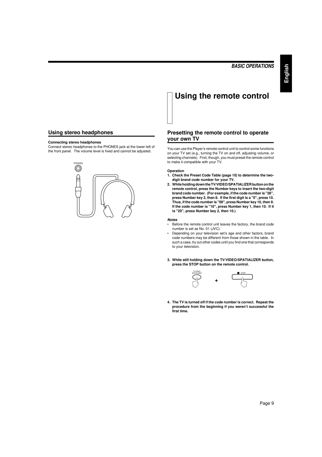 JVC XL-MV33BK Using the remote control, Using stereo headphones, Presetting the remote control to operate your own TV 