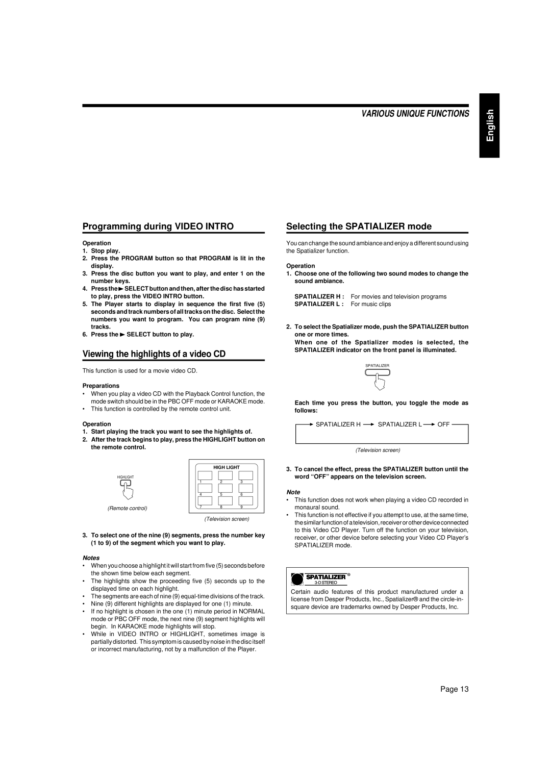 JVC XL-MV33BK manual Programming during Video Intro, Viewing the highlights of a video CD, Selecting the Spatializer mode 