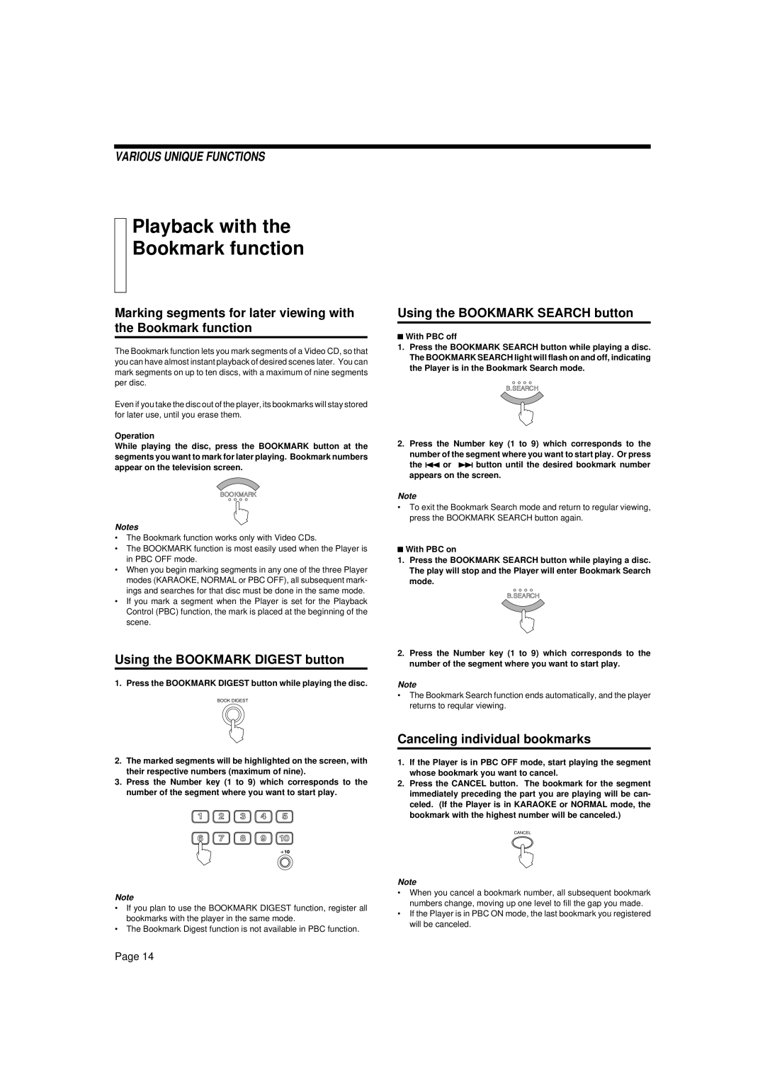 JVC XL-MV55GD manual Playback with Bookmark function, Using the Bookmark Digest button, Using the Bookmark Search button 