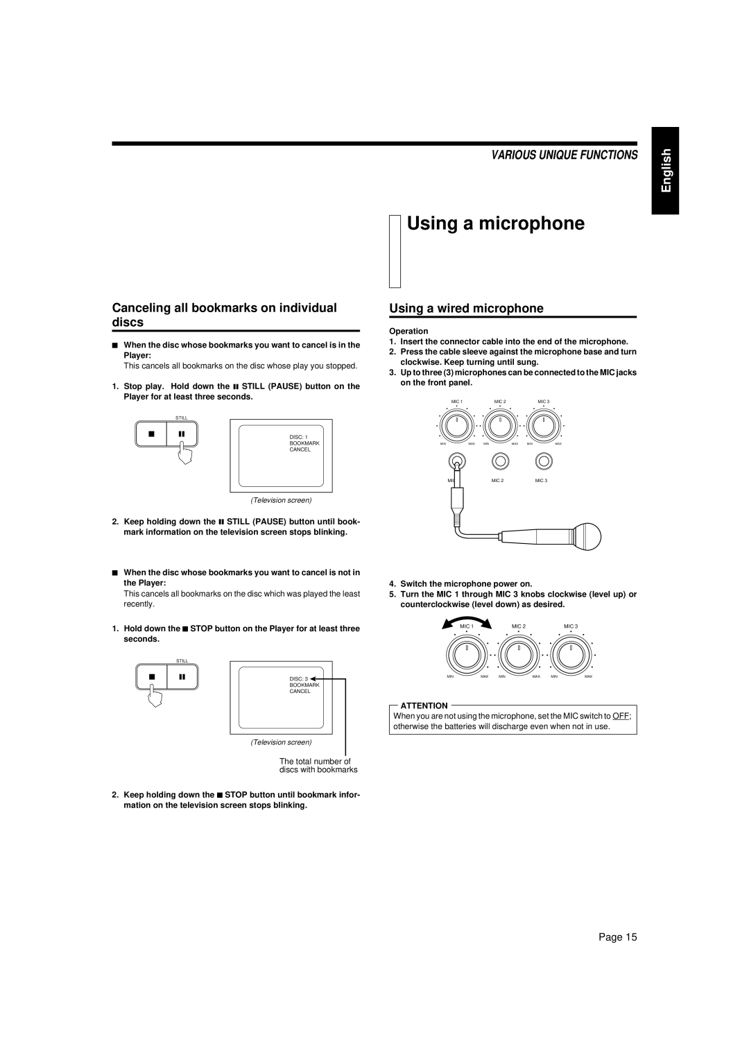 JVC XL-MV33BK, XL-MV55GD manual Using a microphone, Canceling all bookmarks on individual discs, Using a wired microphone 