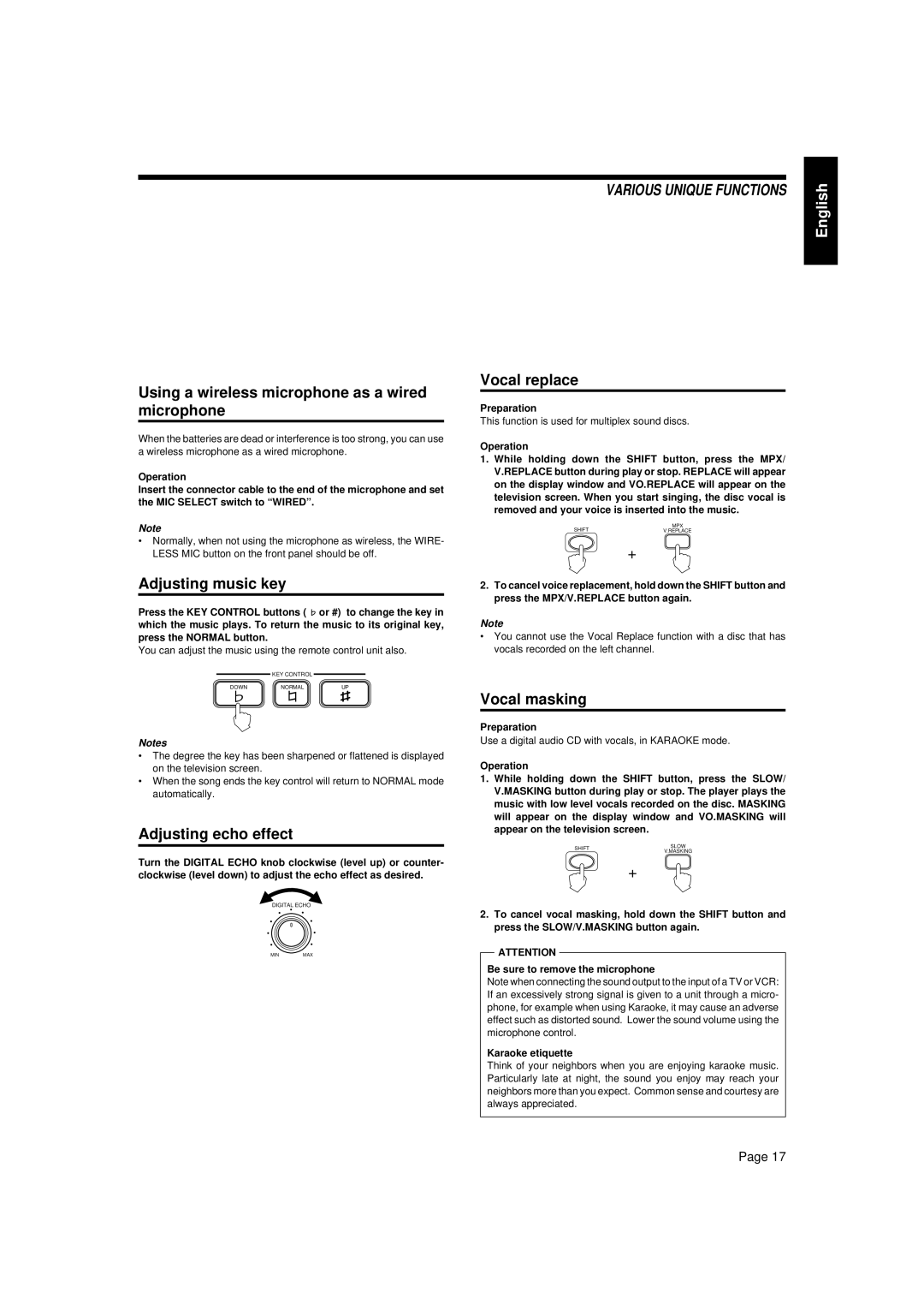 JVC XL-MV33BK Using a wireless microphone as a wired microphone, Adjusting music key, Adjusting echo effect, Vocal replace 