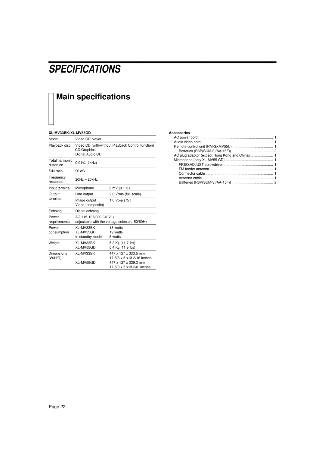 JVC XL-MV55GD, XL-MV33BK manual Specifications, Main specifications 